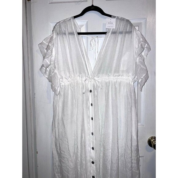 NWT BOHO BEACH HUT White Flowy Long Maxi Gauze Boho Beach CoverUp Dress Pockets - Picture 3 of 15